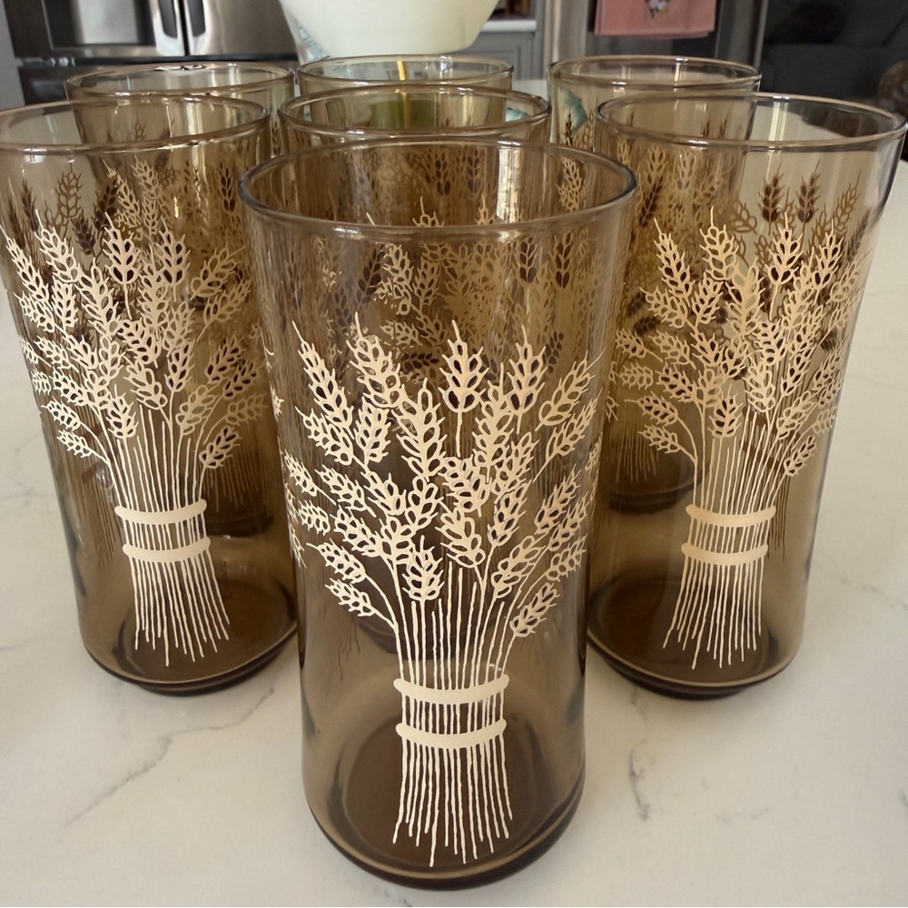 Vintage Amber Wheat Glass Tumblers Set of 7 1970s Farmhouse Harvest Barware